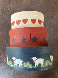 3 Wooden Nesting/Stacking Boxes Farmhouse Sheep Stars Hearts Country Americana - Picture 1 of 6