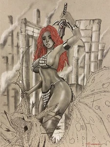 ROT SONJA von Arsenio Echevarria Kunstzeichnung 9x12 grau Lagerpapier - Bild 1 von 4