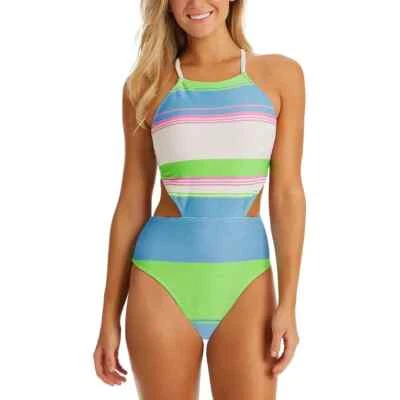 Traje de baño Jessica Simpson X5709 para mujer a rayas acanalado recortado de una pieza, múltiple, M Foto 1 de 4