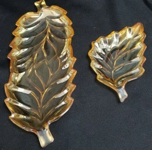 2 Pc Vintage Marigold Iridescent Depression Carnival Glass Leaf Candy Nut Dish - Picture 1 of 9