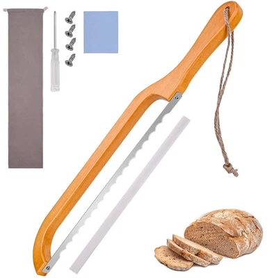HRWFNTY Wooden Bread Bow Knife, 15.7-inch Serrated Bread Slicer, Premium Stainless St...