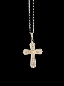 Sterling Silver CROSS Pendant Charm 1” Necklace Pearl Etched Design 16” Chain - Picture 1 of 6