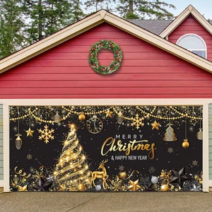 Banner grande para puerta de garaje Feliz Navidad 7x16 pies negro dorado decoración exterior - Imagen 1 de 12