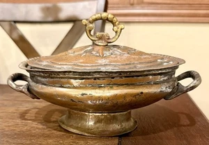 Antique Hammered Oval Steel and Brass Pot With Signed Lid Made In India 8 1/4” L - Picture 1 of 15