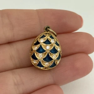 Vintage Blue Enamel 3D Egg Clear Crystal Gold Tone Pendant - Picture 1 of 8