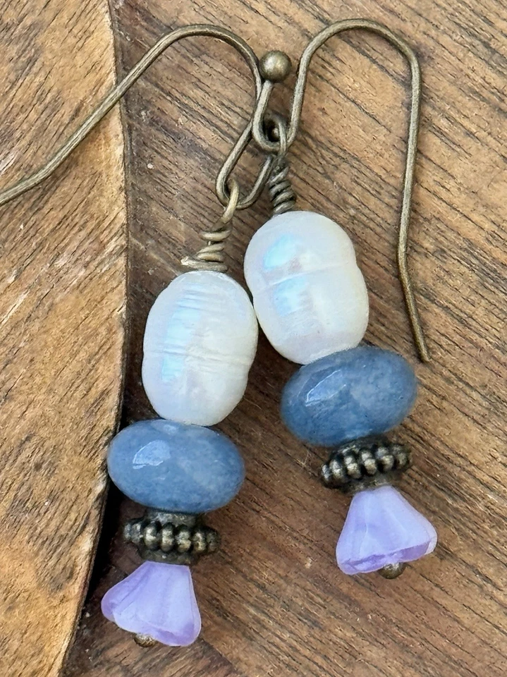 Beautiful Etched Bronze with Blue Jade, Pearl and Lavender Dangle Earrings. - Image 1 of 4