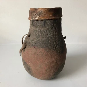 African Tribal Water Vessel Artifact Animal Skin Cover Gourd Primitive Jug - Picture 1 of 10