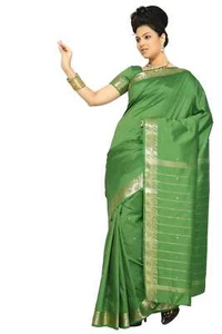 Forest Green Art Silk Saree Sari fabric India Golden Border - Picture 1 of 1