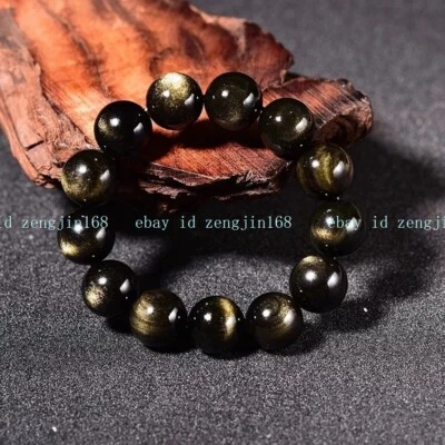 Brazalete hecho a mano con cuentas redondas de obsidiana de oro brillante fuerza curativa para hombres Foto 1 de 4