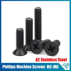 PHILLIPS COUNTERSUNK MACHINE SCREWS BLACK A2 STAINLESS STEEL BOLTS M2 M2.5 M3-M6 - Picture 1 of 72