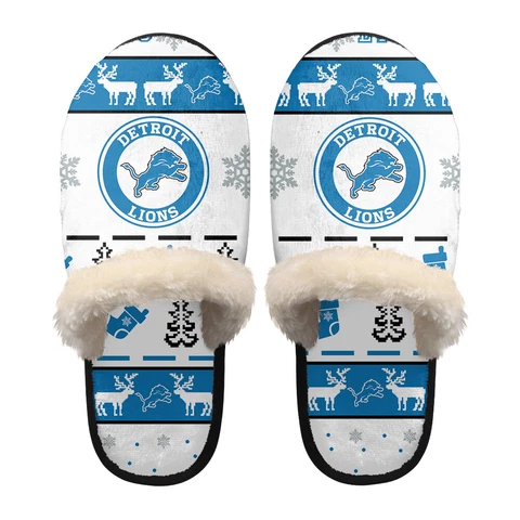 Detroit Lions Christmas Plush Slippers Warm Soft Non-Slip House Slippers Gift Cover