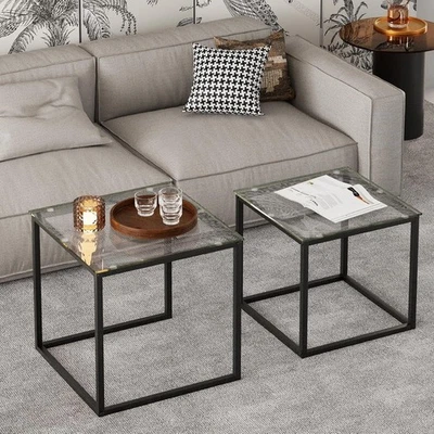 Modern Nesting Coffee Table Set Black Glass End Tables Metal Frame Square - Image 1 of 4