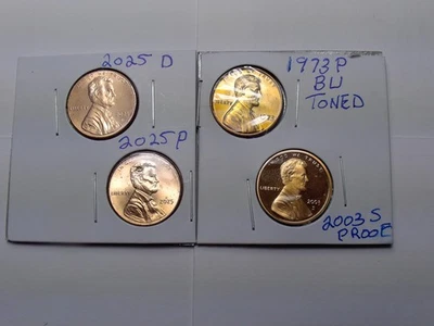 2025 P & D LINCOLN CENT BU + 1 2003 S PROOF + 1 - 1973 P BU TONED 4 COINS HOT - Image 1 of 3