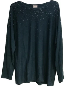 Chicos Sweater Women's 3 XL Green Knit Studded Long Sleeve Round Neck Pullover - Picture 1 of 11