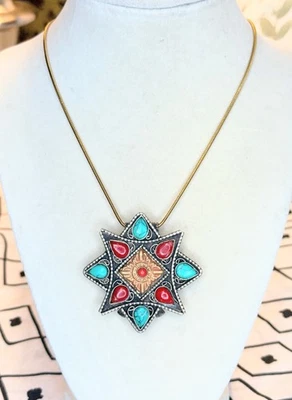Collar Colgante Estrella Estilo Tibetano Boho • Incrustación Coral Turquesa • Aspecto Vintage Foto 1 de 4
