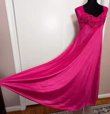 Винтажный 90-х ADONNA ярко розовый шелковистый кружевной верхний ночная рубашка гламурный макси платье белье L - Изображение 1 из 4