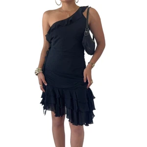 Express Dress Womens 12 Silk One Shoulder Ruched Layered Chiffon Ruffle Cocktail - Picture 1 of 19