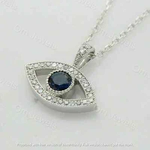 2 Ct Round Cut Blue Sapphire Evil Eye Pendant 14K White Gold Finish Free Chain - Picture 1 of 4