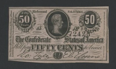 CONFEDERATE STATES  50 cents  1864  T72  Uncirculated  US Currency - Image 1 of 4