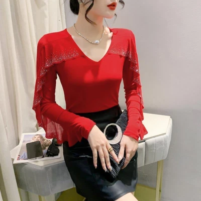 Blusa blusa feminina slim strass gola V casual coreana festa coquetel - Imagem 1 de 4