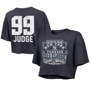 Yankees Aaron Judge Majestic Navy 2024 World Series Boxy Crop Top Shirt Small - Picture 1 of 3