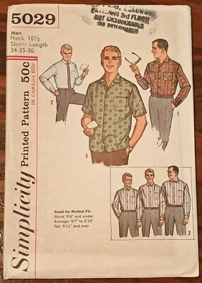 Vintage 50's Simplicity 5029 Men's Shirt  Size 16½ Pattern Uncut Factory Folded  - Image 1 of 2