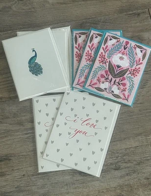 Lote de 8 tarjetas de felicitación de papiro pavo real te amo florales en blanco por dentro selladas Foto 1 de 4