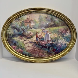 Vtg Lee K Parkinson Signed Print Lady Picking Flowers w/ Child Oval Gold Frame - Picture 1 of 10