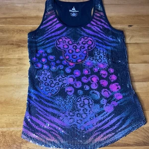 Disney Parks Women's Sequins Mickey Mouse Tank Top Large Black Purple Pink - Picture 1 of 10
