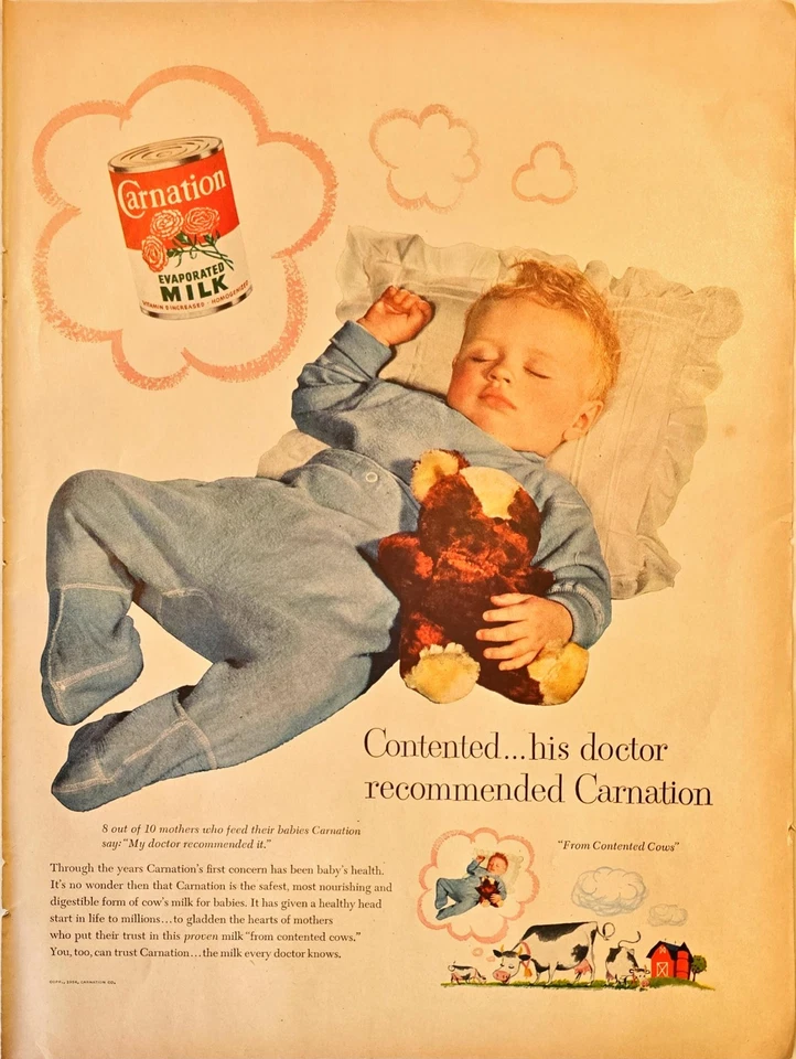 Oso de peluche durmiendo bebé leche evaporada clavel-1954 anuncio impreso vintage Foto 1 de 1