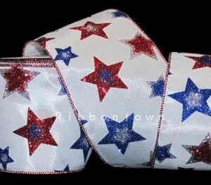 10 Yards Patriotic Glitter Stars America USA July 4th Wide Wired Ribbon 4"W - Picture 1 of 1