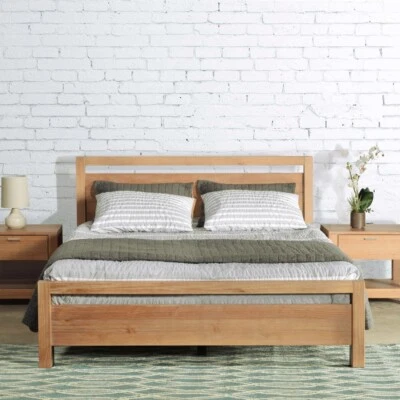 Mid Century Modern Platform Bed Frame King Size Headboard Bedroom Solid Wood AC - Image 1 of 4