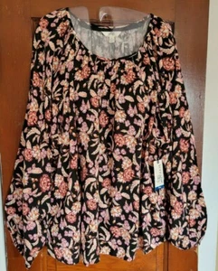 NUEVO CON ETIQUETAS TERRA & SKY Mujer 0X 14W Negro Púrpura Manga Larga Tejido Camisa Floral - Imagen 1 de 4