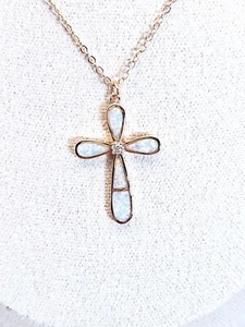 Rose Gold Resin Opal Cross Necklace Pendant Crystal Balls Adjustable Chain - Picture 1 of 5