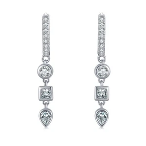 S925 Solid Sterling Silver Sparkle Zirconia Hoop Charm Earrings Women Party Gift - Picture 1 of 5