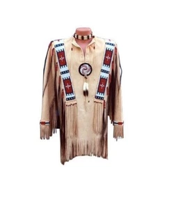 Old Style beige Buckskin Wildleder Fell Fransen Perlen Powwow Krieg Hemd NHS06 - Bild 1 von 4