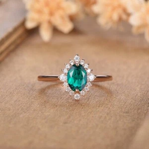 Minimal Emerald Halo Women Ring Lab Created Gemstone 925 Sterling Silver Ring - Picture 1 of 7