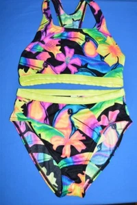 90s SPEEDO FLORAL TUCAN TWO PIECE BIKINI NEON GIRLS SZ 16 SWIM SUIT - Picture 1 of 4
