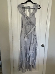 Show Me Your Mumu Samantha Ruffle Wrap Dress Moss Silver Luxe Satin Size X-Large - Picture 1 of 4