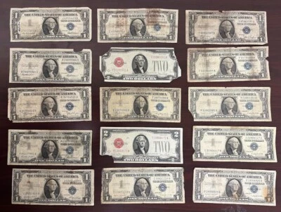 Lot of 15 US Currency $1 1957 1935 Silver Certificates $2 1928 US Notes Culls - Image 1 of 2