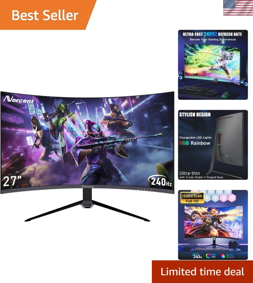 Norcent 27 inch FHD 1080P 240Hz VA DP 1ms FreeSync G-Sync Gaming Curved Monitor
