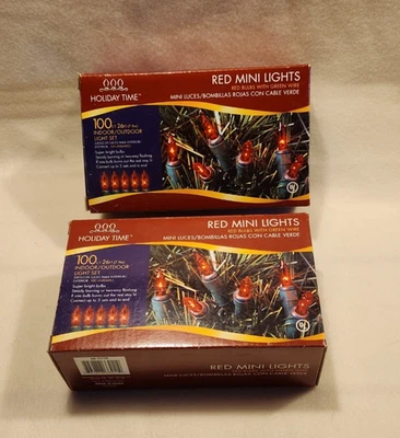 Lot of 2 Holiday Time 100 Red Mini String Lights Christmas with Green Wire NEW - Image 1 of 4