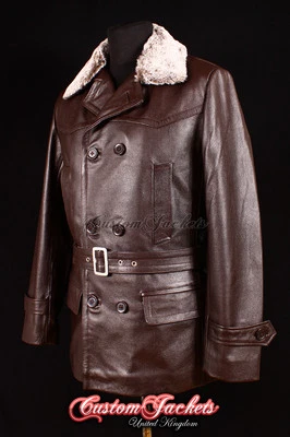 Men's KRIEGSMARINE FUR COLLAR German Jacket Pea-coat Real Cowhide Leather Brown - Image 1 of 4