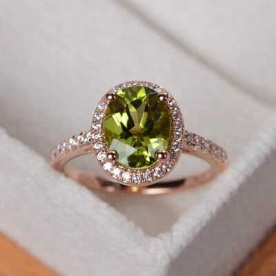 Anillo de peridoto verde de plata de ley 925 con piedras preciosas naturales enchapado en oro rosa Foto 1 de 4