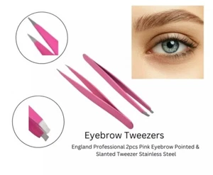 England Professional 2pcs Pink Eyebrow Pointed & Slanted Tweezer Stainless Steel - Imagen 1 de 4