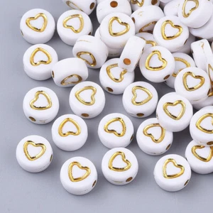 200x Cuentas redondas planas planas de acrílico blanco con corazón de oro redondas de joyería cuentas de soporte - Imagen 1 de 2