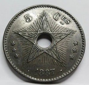 CONGO Free State Belgian Colonial Belgium 5 centimes 1887 XF Bronze Leopold #C67 - Picture 1 of 6