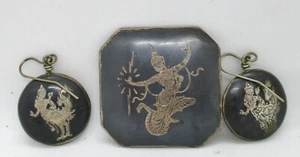 Broche y pendientes antiguos Siam Niello negros de ley - Imagen 1 de 8
