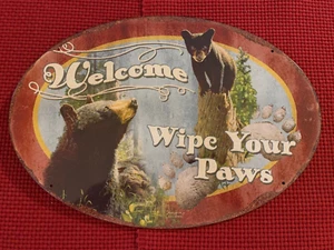 Metal Wall Sign/Decor Bear 14” X 11” Oval Welcome Wipe Your Paws - Picture 1 of 3