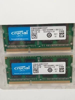 Crucial 16GB Kit 2x 8GB DDR3 DDR3L 1600 MHz PC3-12800 Sodimm Memory Apple MAC - Image 1 of 3